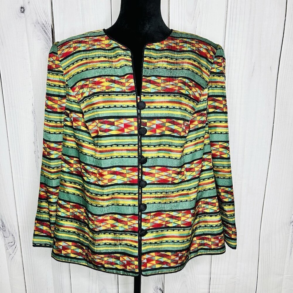 Adrianna Papell 100% Silk Jacket Sz 16 Geometric Multicolor Lined Vintage - Picture 1 of 11